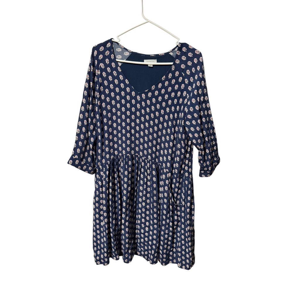 Garnet Hill Size 16 Navy Blue Floral Viscose V-Neck Babydoll Tunic Dress‎